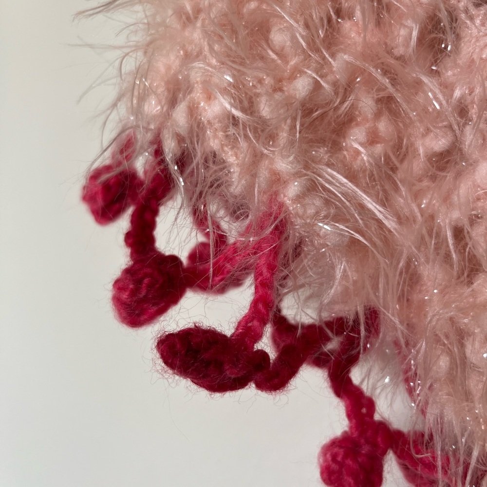 Knit crochet pink fluffy yarn red rose floral green leaf dangling trim capelet - Picture 5 of 8